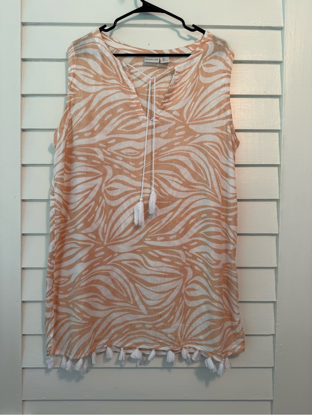 Rachel Zoe | Linen Blend Tassel Hem Beach Cover-Up Tunic Beige White Large
